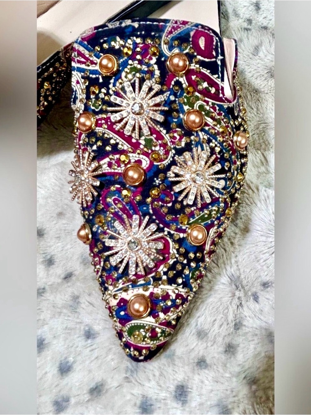 Pointed Toe Flats Mules Multicolor Beads Sequins Sparkles Embellished Size 39New